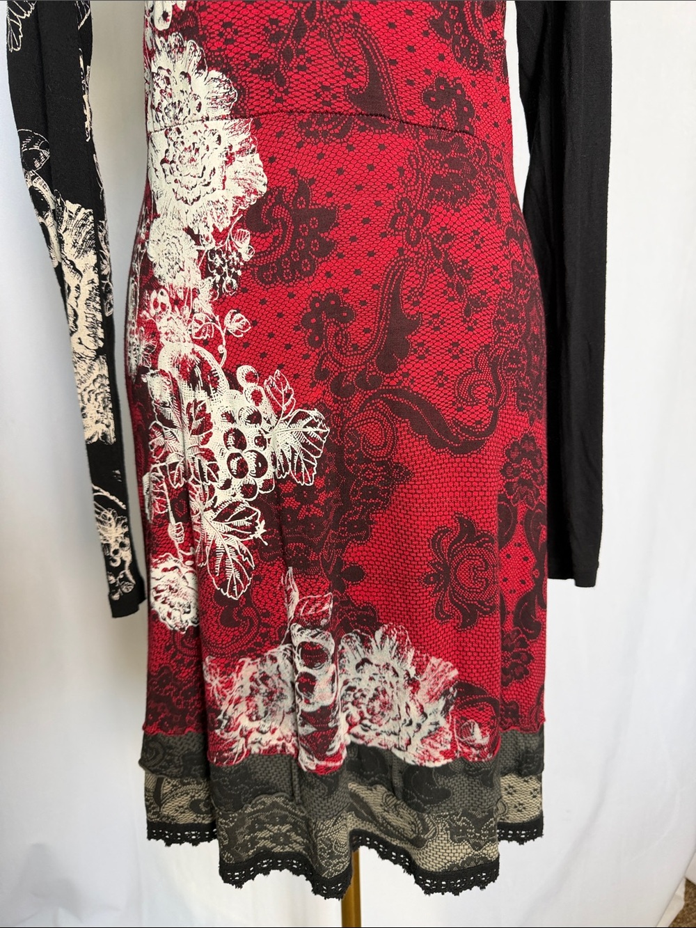 Desigual Lanoria Long Sleeve Midi Dress Size L Black Red Lace Detail Whimsigoth - Picture 4 of 15